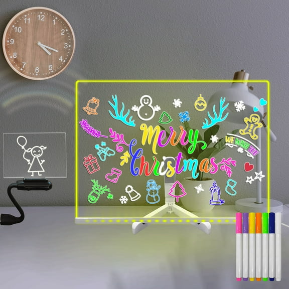 15 * 11 inch Light up Acrylic Dry Erase Board with Stand 7 Color Markers DIY Rewritable Message Note Clear Board Dimming for for School Office Coffee Shop