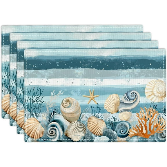Ocean Seashell Placemats Set of 4, Beach Starfish Place Mats, Coastal Marine Life Waterproof Washable Table Mats for Home Party Indoor Kitchen Dining Table Decoration 12x18 Inch