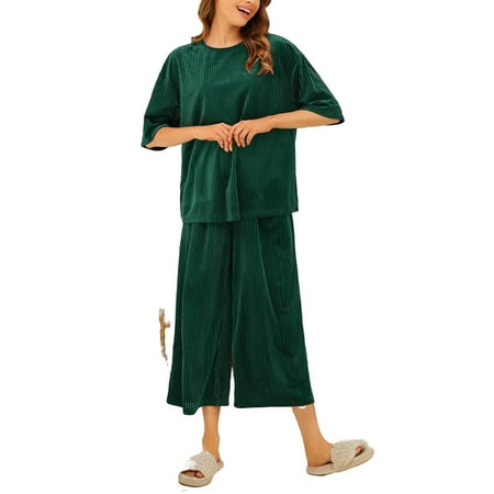 

Elegant Round Neck Pant Sets 3/4 Sleeve Dark Green Womens Pajama Sets (Women s)