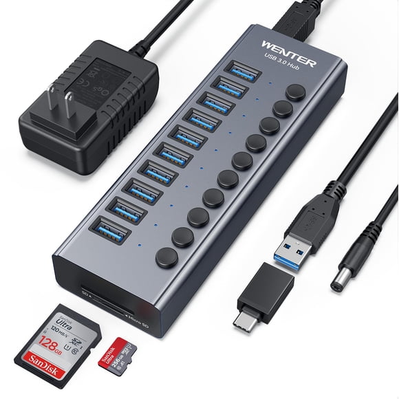 Hub Wenter USB 3.0 con alimentación, 10 puertos, 36 W, con lectores de tarjetas SD/TF
