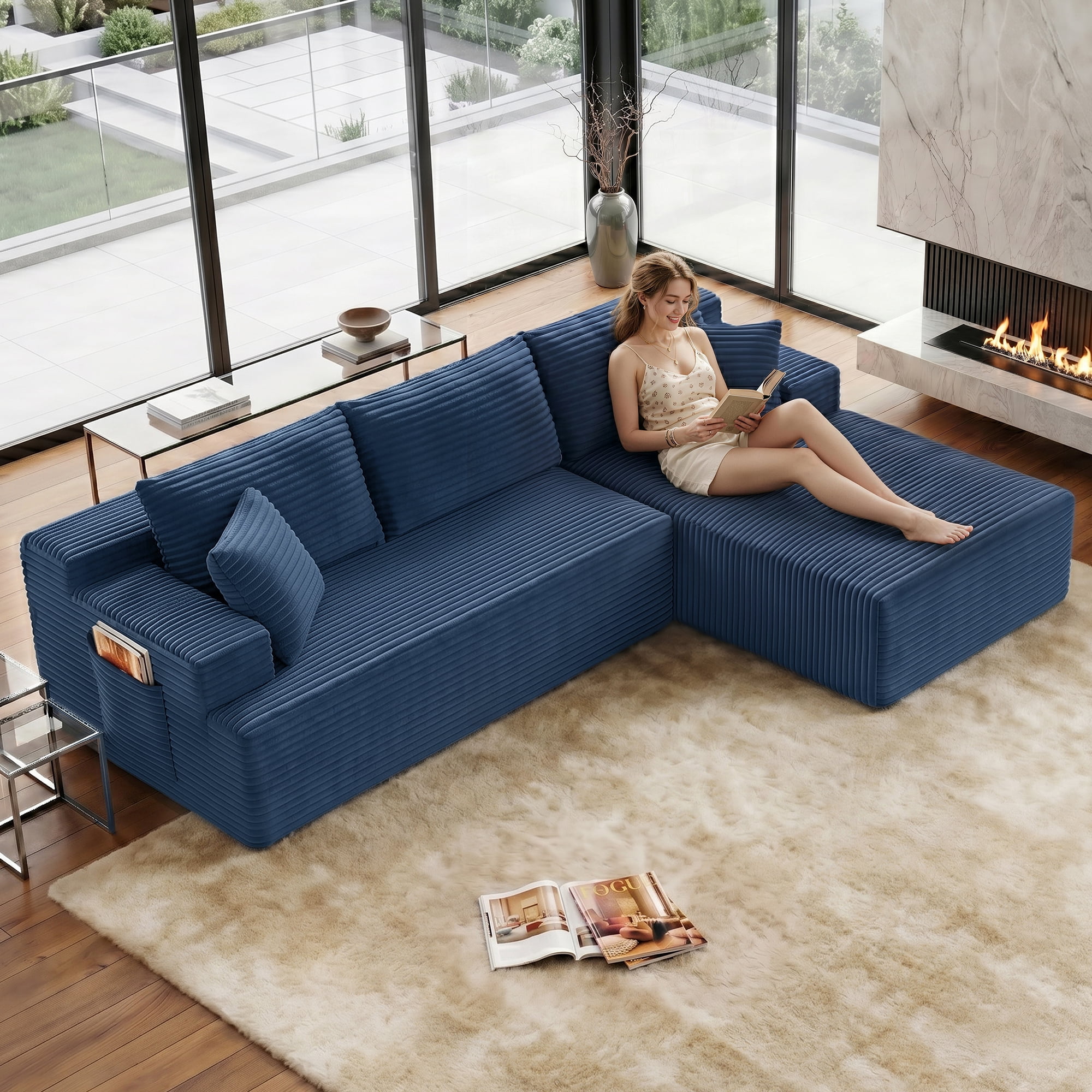 Aukfa 107" Cloud Modular Sectional Couch with Right-Facing Chaise, Corduroy Deep Seat Boneless Sofa for Living Room, Apartment, Blue