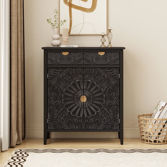 Hand-Carved Floral Embossed Black Wooden Accent Storage Cabinet with Drawer & Cabinet Doors, Gold Handles, Adjustable Shelf Anti-Tip Design, Sideboard for Entryway Living Room
