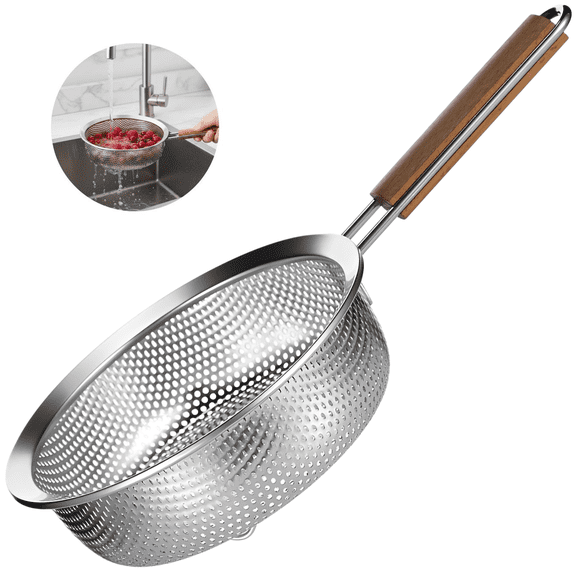 Stainless Steel Colander Strainer, 7.1 Inch Drain Basin with Wooden Handle and Supporting Feet, Multi Purpose Kitchen Tool for Draining Pasta, Rinsing Fruits, Vegetables and Fried Food