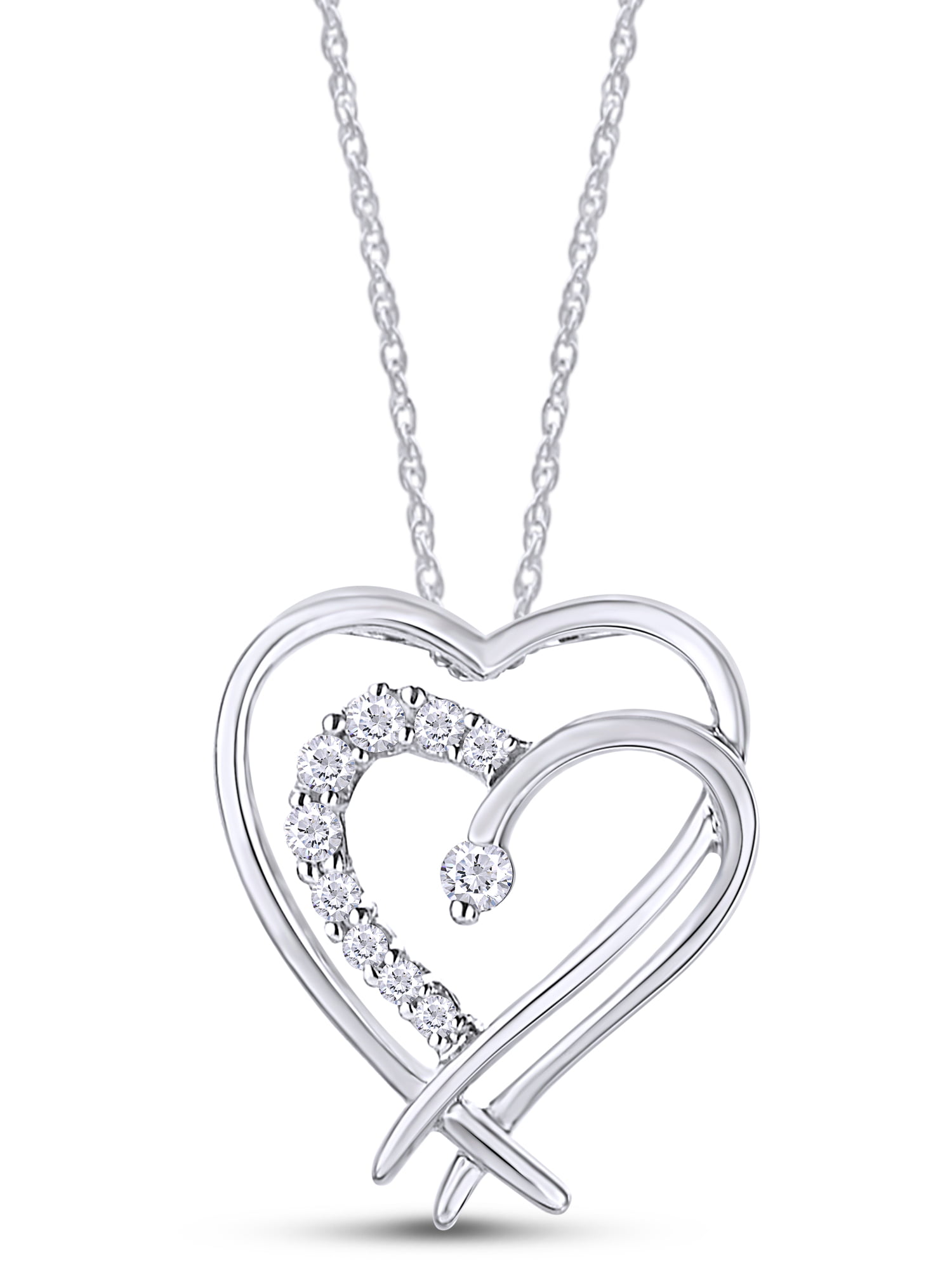 1/10 Cttw Sterling Silver Round Diamond Double Heart Pendant 