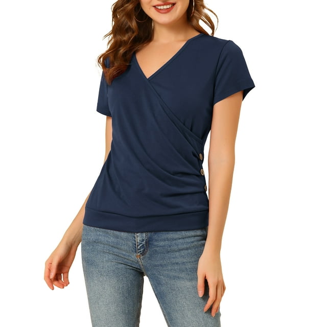 INSPIRAR CHIC Blusas de Mujer con Cuello en V, Mangas Cortas, Decoración de Botones, Fruncidas, Casual, Azul Marino, L