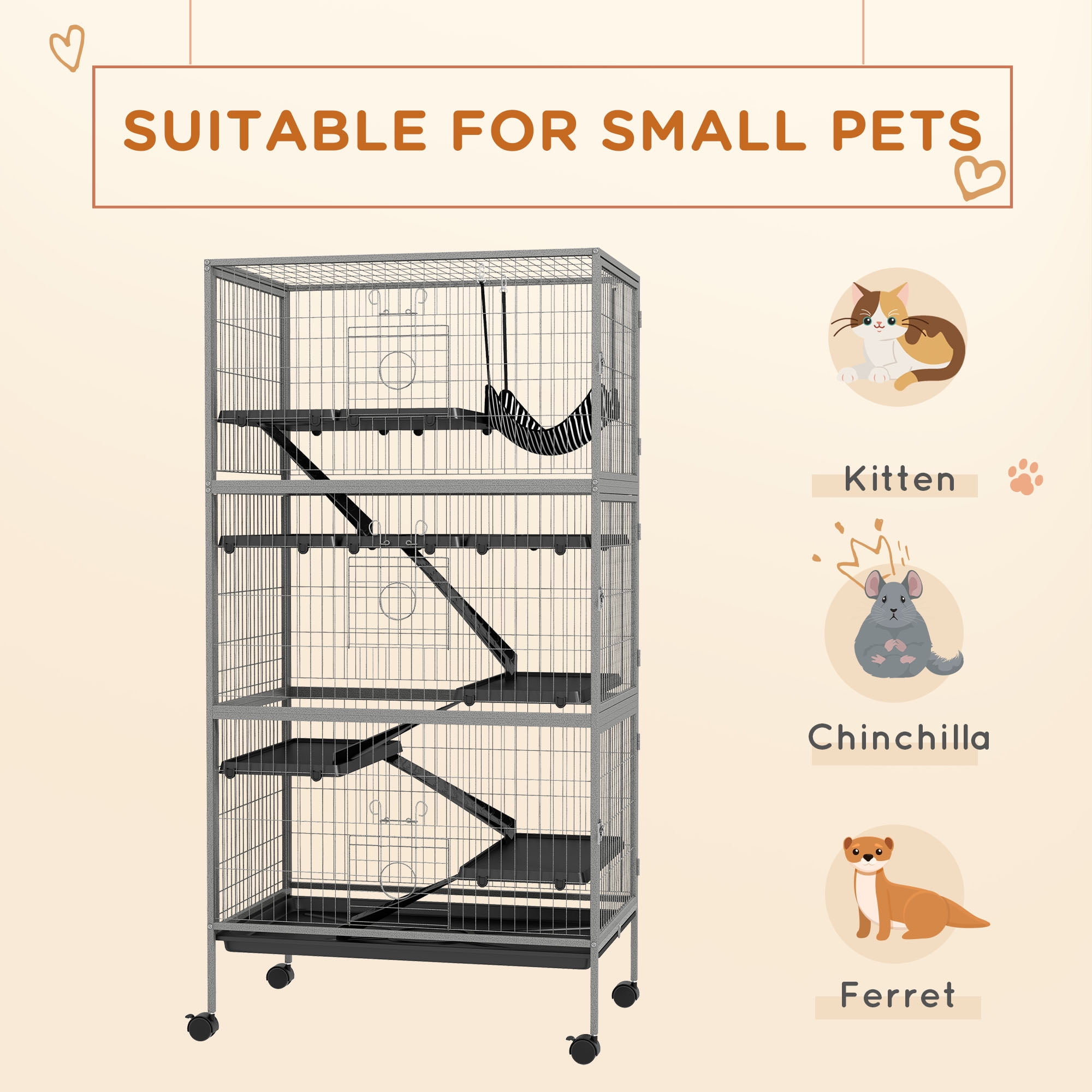 PawHut Rolling Small Animal Cage Pet for Rabbits, Chinchillas, Ferret with Wheels, Hammock, 6 Platforms and Removable Tray, Gray