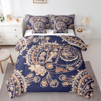 Homewish Tribal Damask Paisley Bedding Comforter Set 7 Pieces, Navy Hippie Bohemian Full Bedding Set, Rustic Farmhouse Reversible Fitted Sheet Flat Sheet, Luxury Bedroom Decor
