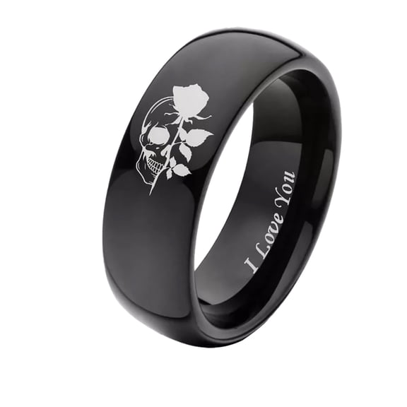 PAMTIER Skull and Rose Promise Rings for Couples Gothic Engraved Stainless Steel Dark Romance Alternative Wedding Lovers Bands Black 8MM Size 12