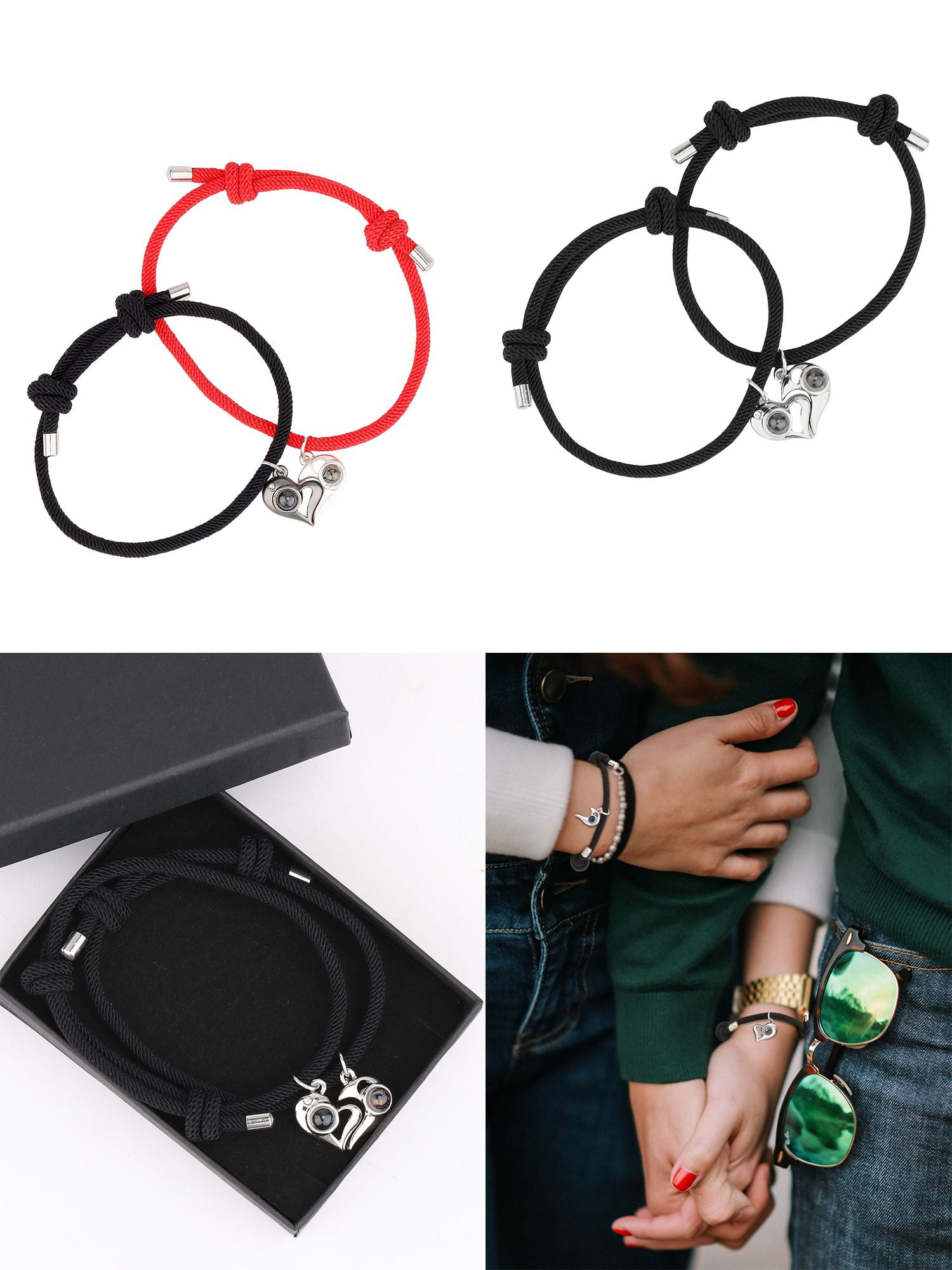 2pcs Couple Magnetic Heart Charm Bracelet for Daily Casual Date,One Size/Silver