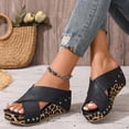 thumbnail image 4 of Rokment Leopard Platform Wedge Sandals for Women Fashion Casual Studded Cross-Band Leather Open Toe Backless Slip on Chunky High Heels Dress Slides Beach Summer Comfortable Black Size 6, 4 of 7