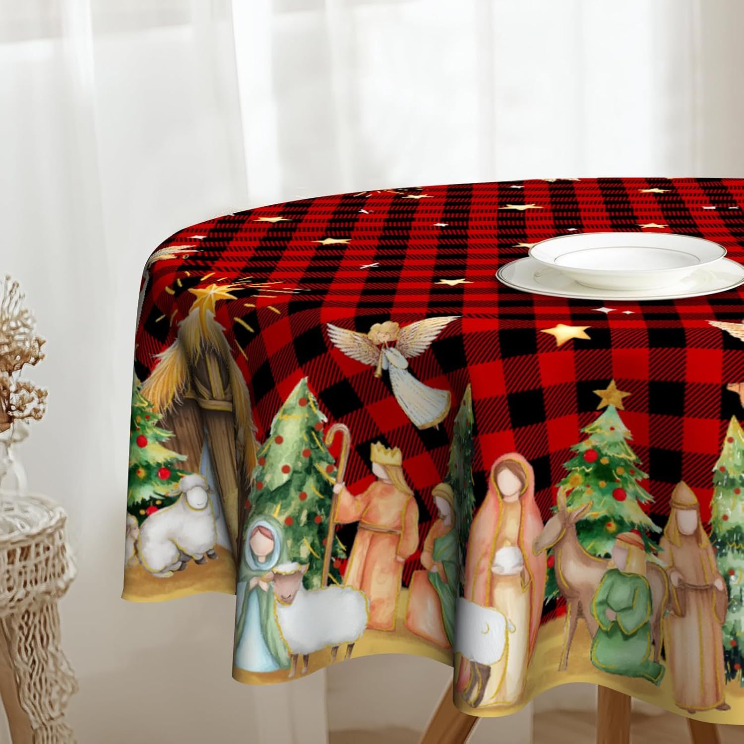 Christmas Round Tablecloth 60 inch Christmas Nativity Table Cloth Xmas Tree Table Cloths Decorations for Home Kitchen Dining Red Buffalo Plaid