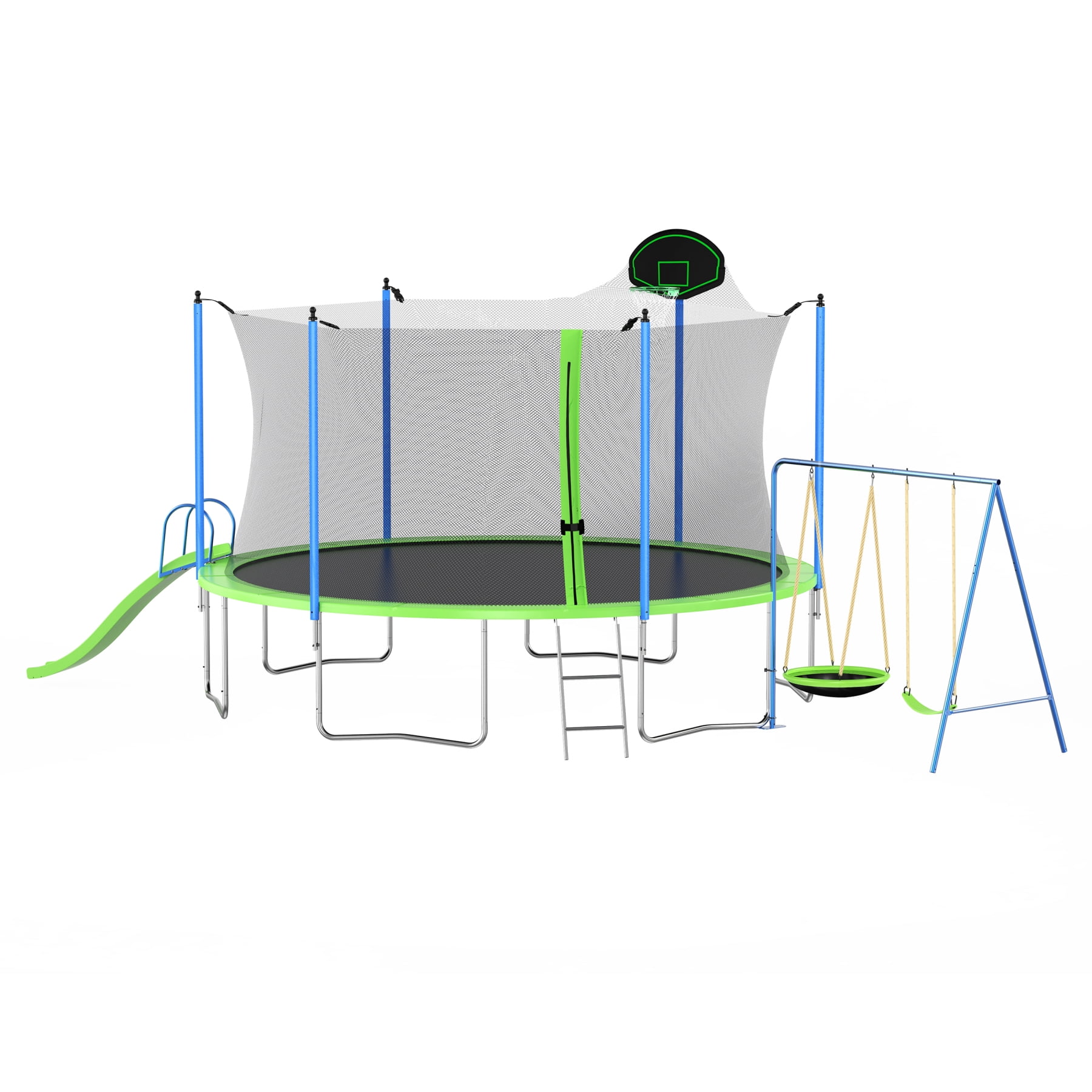 Arspjes 14FT Trampoline with Slide and Swings,Outdoor Large Recreational Trampoline with Safety Enclosure Net,Round Backyard Trampoline with Basketball Hoop and Ladder for Kids and Adults,Green