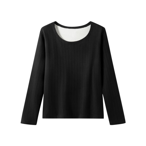 Ropa interior térmica para mujer, color sólido, cuello redondo, terciopelo grueso, manga larga, ajustada, ropa interior cálida, pijama de poliéster para mujer