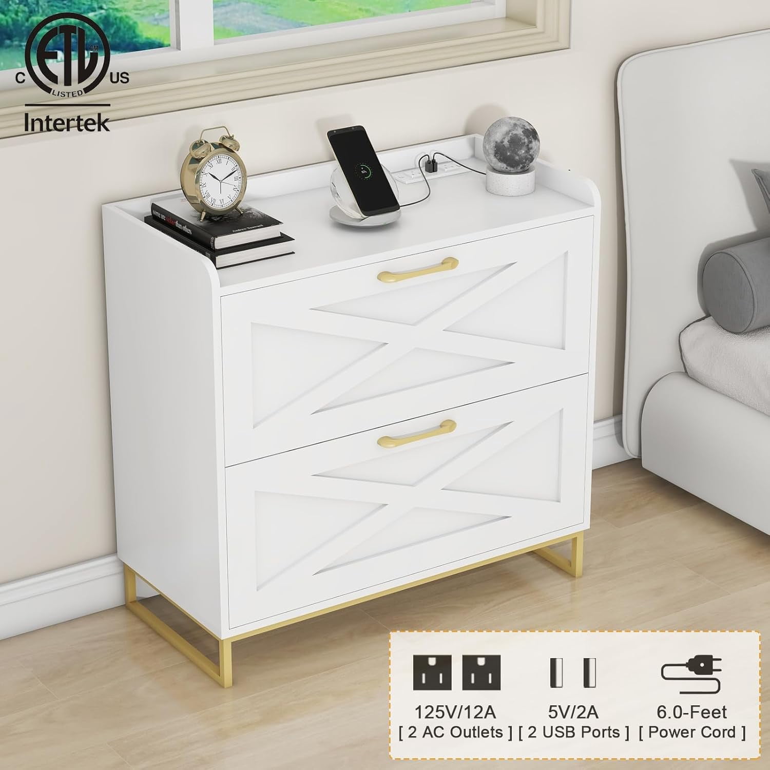 2 Drawer Lateral File Cabinet, Filing Cabinet with Charging Station for Letter/Legal/A4 Size Hanging Files, Modern Farmhouse File Storage Cabinet for Home Office, Printer Stand with Storage, White