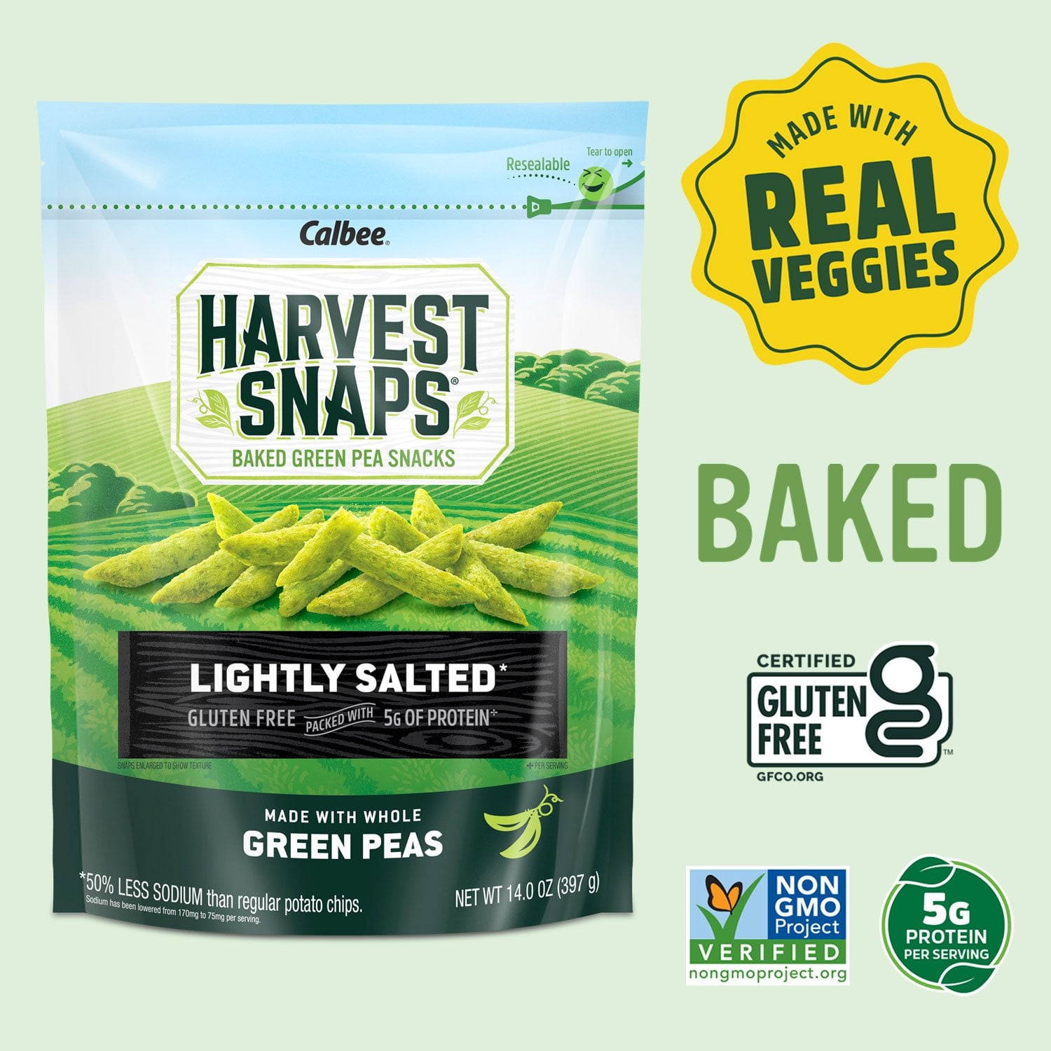 Harvest Snaps Baked Green Pea Crisps, Healthy Crunchy Snack, 14 oz. With White Bowl By OMA