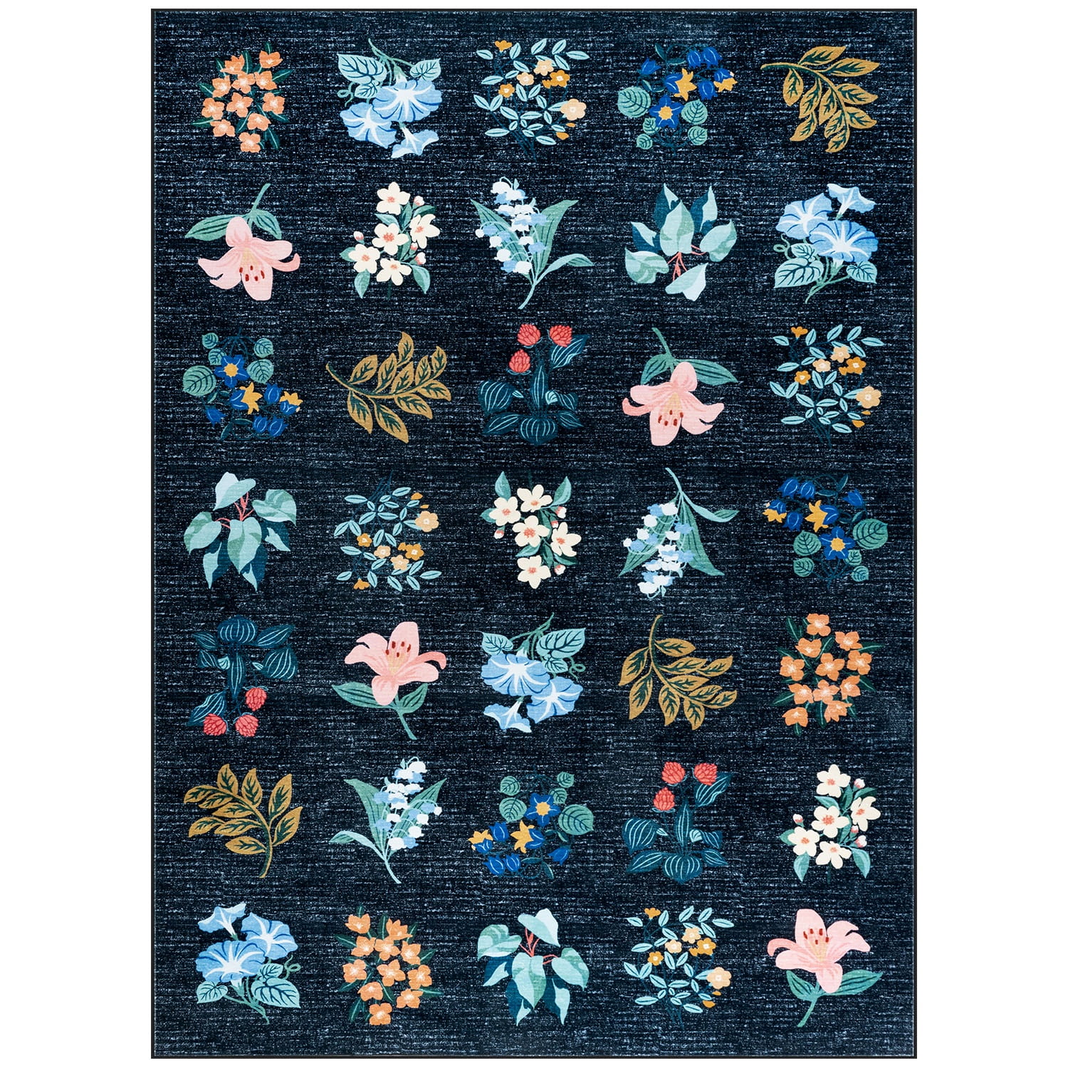 Wondo 4x6 Washable Floral Rug, Bright Floral Pattern Bohemian Rug for Bedroom, Low Pile Non-Slip Decorative Rug for Living Room, Kids Room, Office, Dining Room, Navy Blue