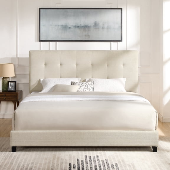 Bridgevine Home King Size Tall Dynasty Beige Tufted Headboard Upholstered Platform Bed