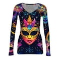 thumbnail image 4 of Mardi Gras Shirts for Women Feathers Print Carnival V Neck Blouse Mask Print Long Sleeve Green Graphic Tee Blue M, 4 of 7