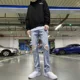 thumbnail image 2 of Pantalones vaqueros masculinos rotos de color azul claro, ajustados y rotos, para hombre, con agujeros, pantalones rotos, estilo clásico, estético, harajuku, gótico, informal, 2 of 4