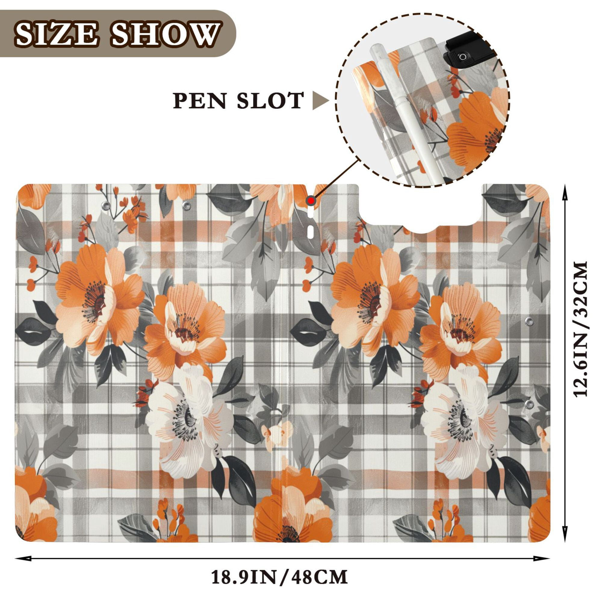 FORMRS A4 Clipboard Folder with Pen Holder Horizontal Foldable School Office Binder, Plaid Floral