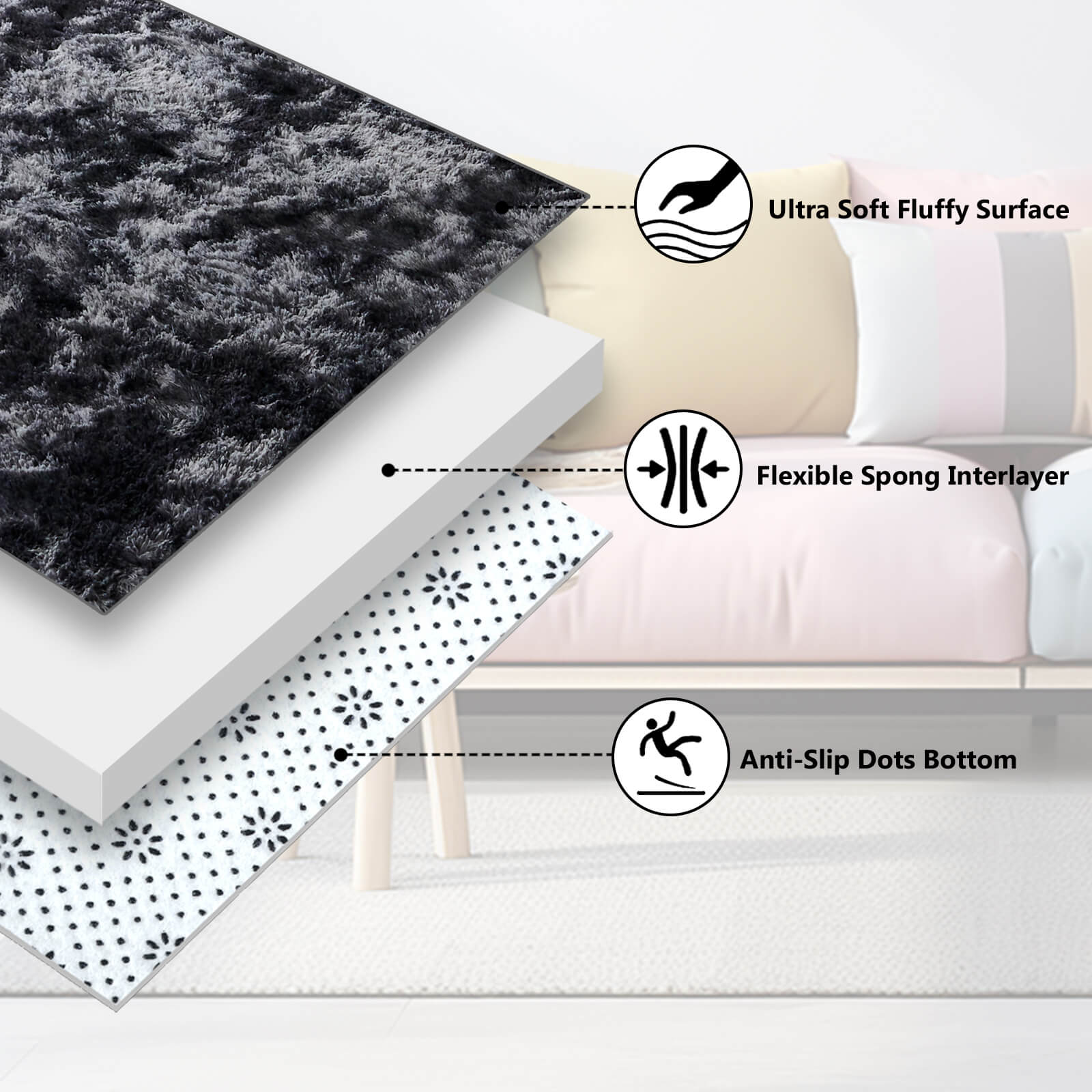 BRICHOEE 8 x 10 Shag Area Rugs, Soft Indoor Tie-Dyed Dark Grey Modern Nursery Rug, Plush Shaggy Throw Carpets for Boy and Girls Room Dorm Living Room