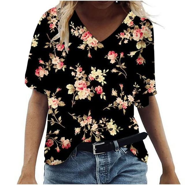 CEHVOM Blouse Décontractée à Manches Courtes Col en V Unie Tunique T-shirt pour Femmes