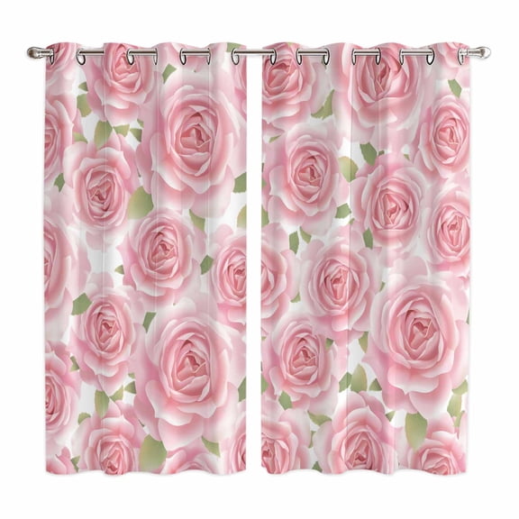 Curtains 63 Inch Length 2 Panels, Pink Roses Grommets Window Treatment Curtain, Retro Flower Floral Botanicall Plant Leaf Thermal Curtains Drapes for Living Room/Bathroom