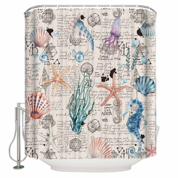 Fabric Shower Curtain, Summer Vintage Starfish Seahorse Seashell Seaweed Shower Curtains with 12 Hooks Waterproof Machine Washable Bath Curtains for Bathroom, 48x 72in