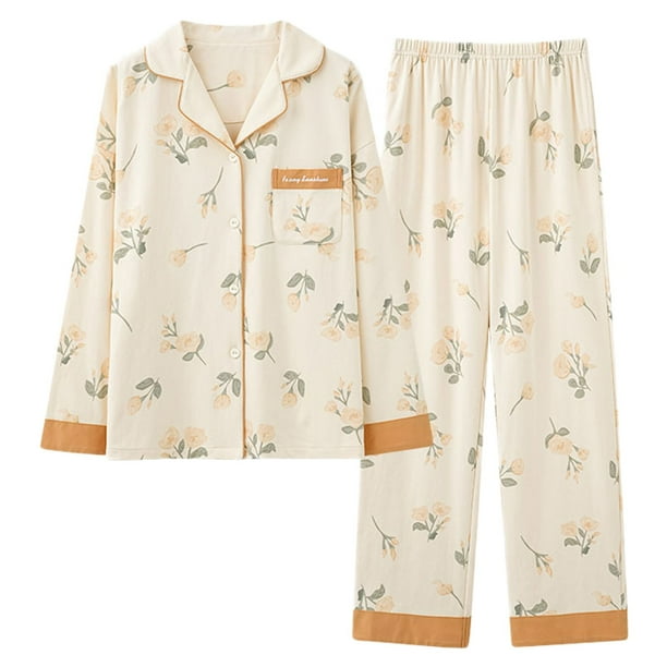 Gibobby Pijama para mujer Pijamas de algodón para mujer, traje de manga larga de algodón que se puede usar fuera de los patios grandes del(Naranja,XL)