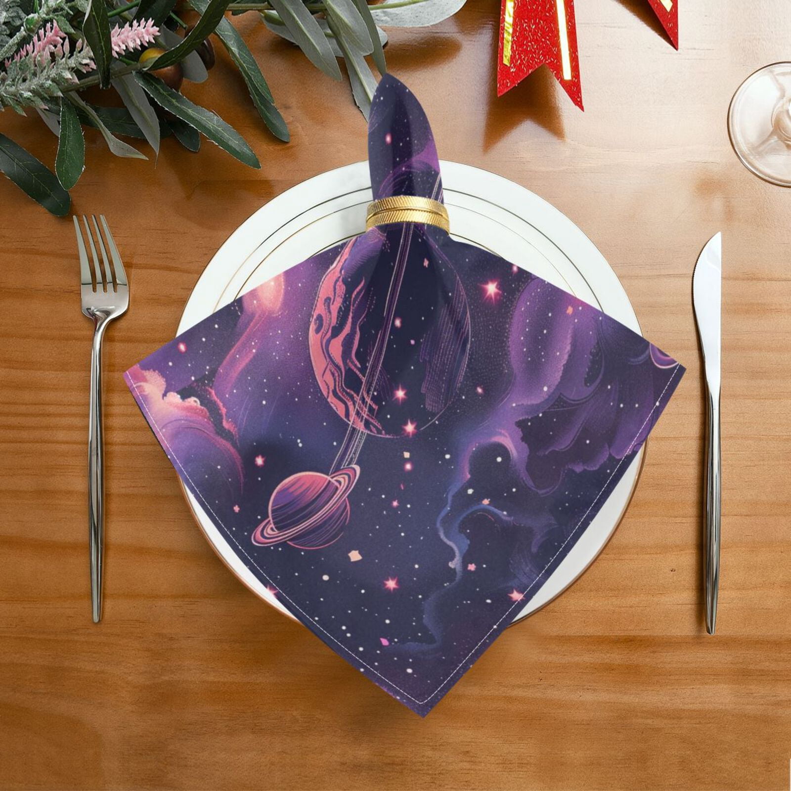 JSTEL Pink Universe Planets Nebula Cloth Napkins Set of 6, 20x20 Inch Washable and Reusable Napkin for Decoupage Dinner Party Everyday Use