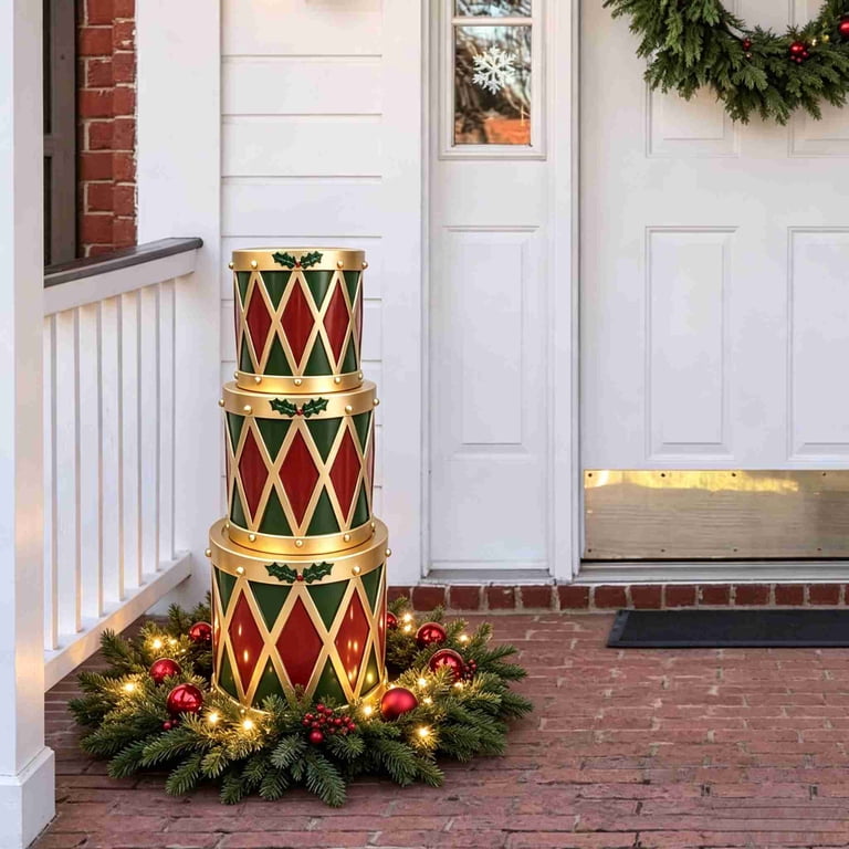 Barsme 3-PCE Blow Mold Stacked Drums Christmas Decoration, Red Green ...