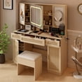 thumbnail image 2 of Tcbosik Vanity Desk with LED Lighted Mirror, Modern Makeup Vanity Table Set with Cushioned Stool and 3 Storage Drawers for Bedroom, Dressing Table with Pegboards & Hooks, Shelves & Cabinets, Natural, 2 of 8