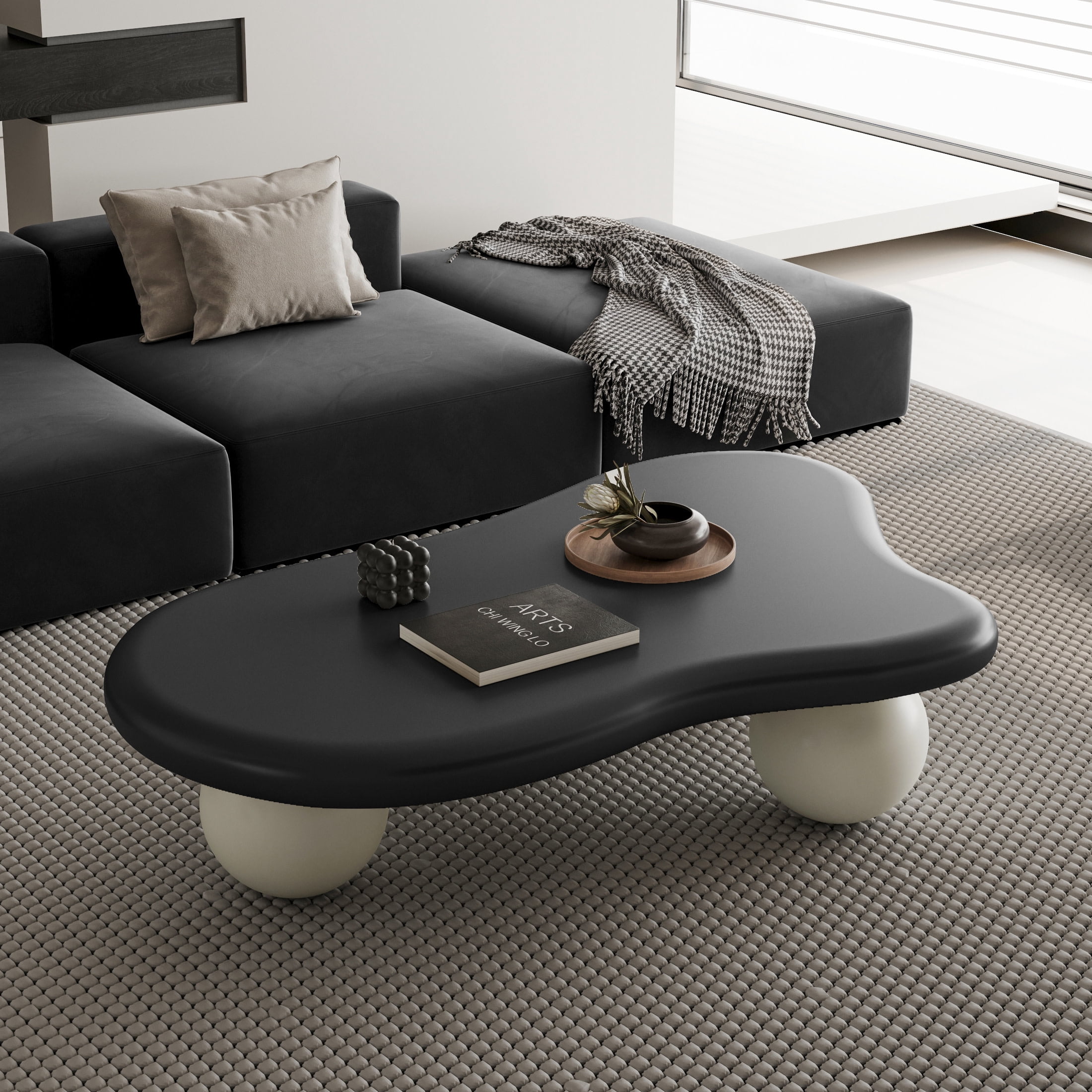 Noble House 47" Cloud Shaped Coffee Table with Ball Legs, Modern Aesthetic Accent Table for Living Room, Black Top White Legs