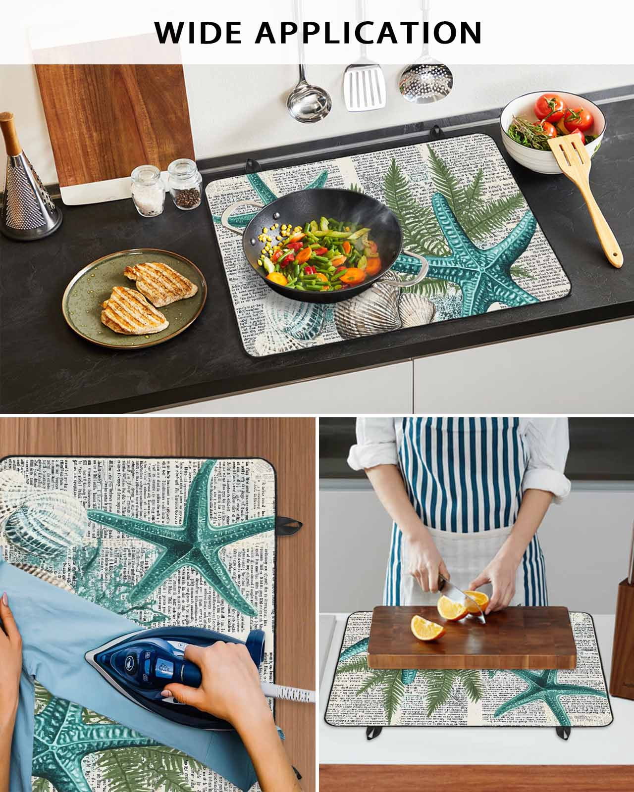 nqOlkjepod Large Induction Cooktop Protector Mat 31"x24", Coastal Teal Starfish Stove Top Covers for Electric Stove, Summer Ocean Beach Shell Pine Leaf Stove Burner Cover Mats, Glass Top Stove Cover