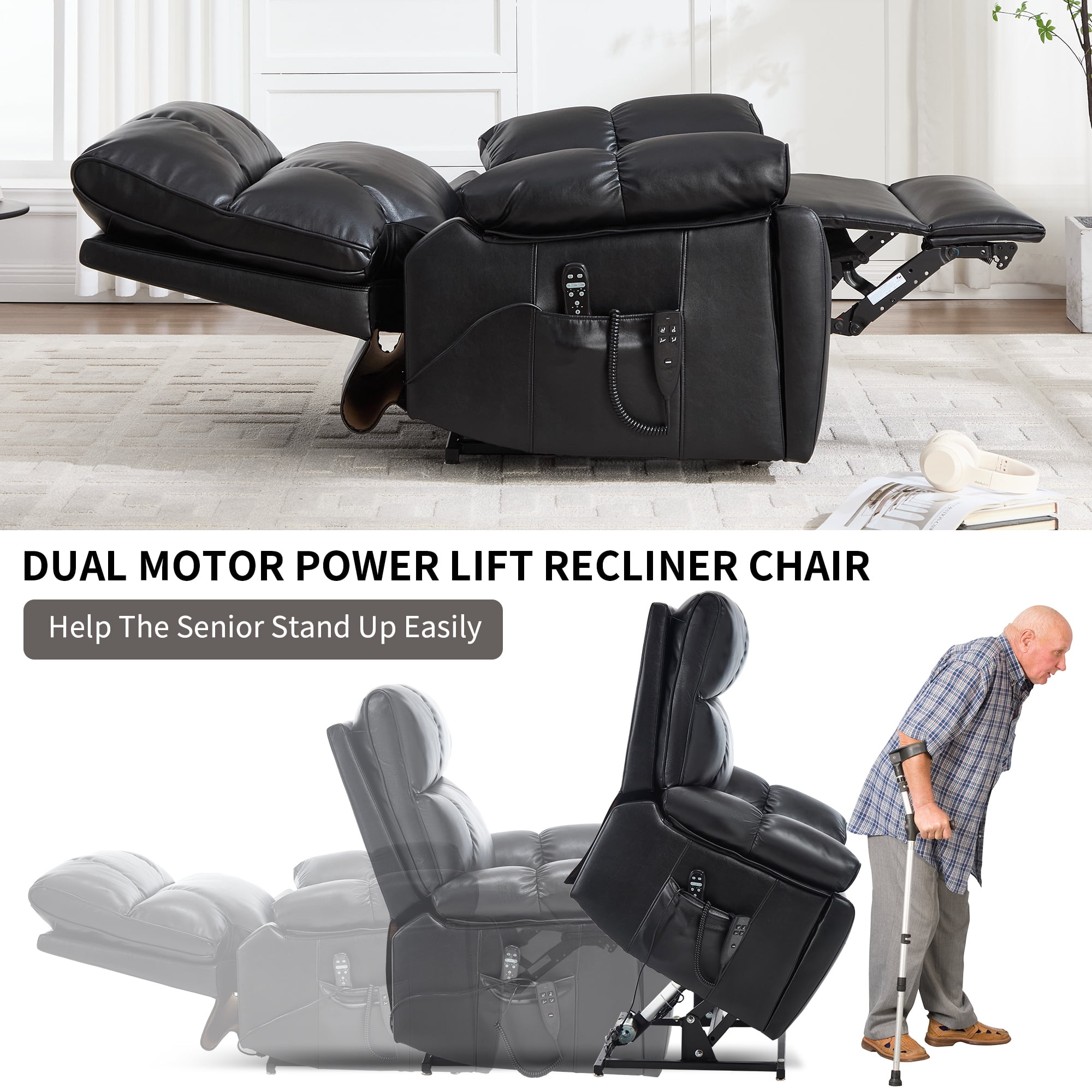 Alvantor Large Power Lift Recliner Chair for Elderly UP Leather Electric Recliners Chair with Massage and Heat for Living Room Black