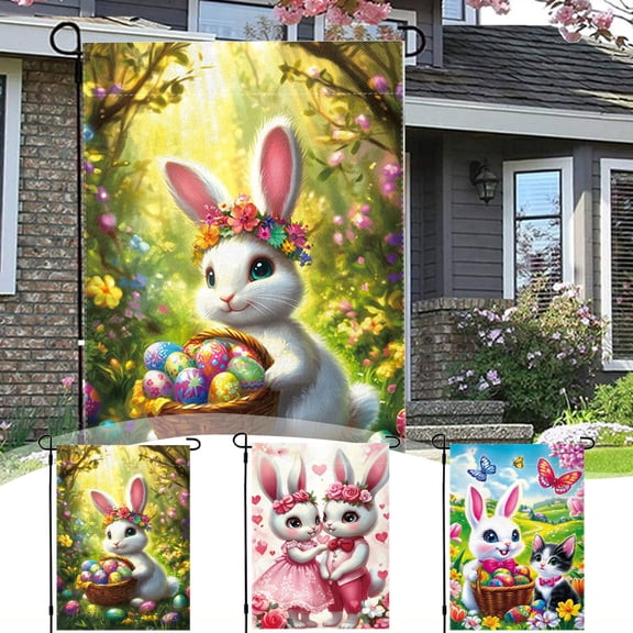 AZXY Happy Easter Garden Flag 12x18 Inch, Cute Couple Bunnies with Rose Floral Heart Print Outdoor Yard Flag for Front Yard Porch Spring Holiday Decorations