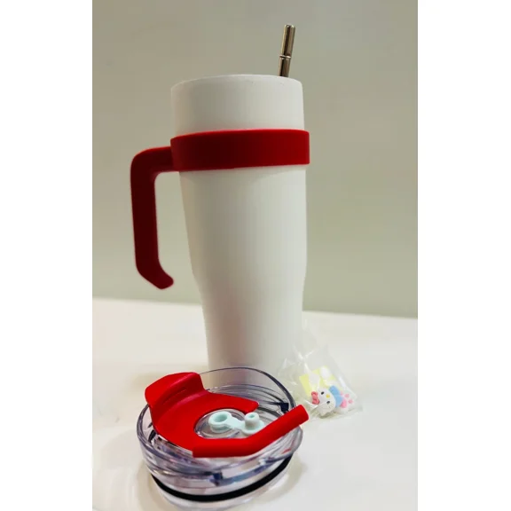 White Travel Tumbler With Red Handle   Straw, Lid & Cute Straw Toppers | 40 Oz