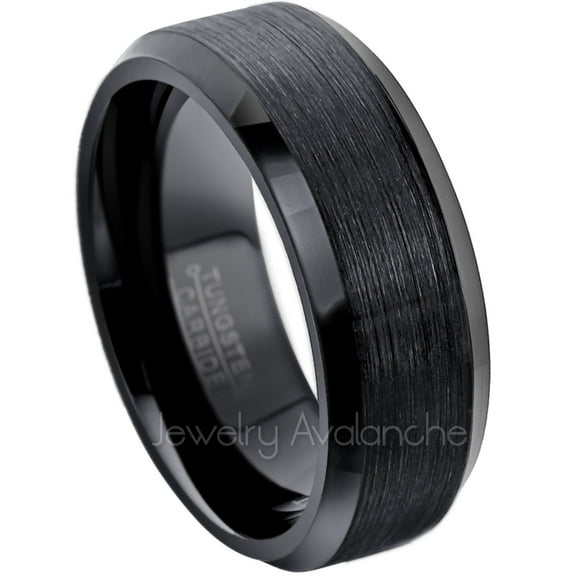 8mm Men's Black Tungsten Ring - Brushed Finish Black Ion Plated Beveled Edge Comfort Fit Anniversary Ring - TN166WAs9