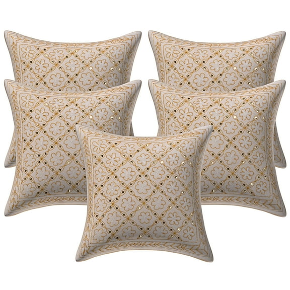 Stylo Culture Indian Settee Sofa Throw Pillow Covers 16 x 16 Sequins Gold Zari Embroidered White Ethnic 40cm x 40cm Home Decor Cotton Floral Square Cushion Covers | Set Of 5
