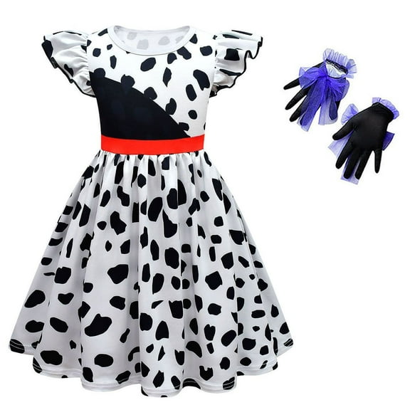 Girl Dalmatian Costume Polka Dots Dress Set for Girls Halloween Dress up, Size 4-5