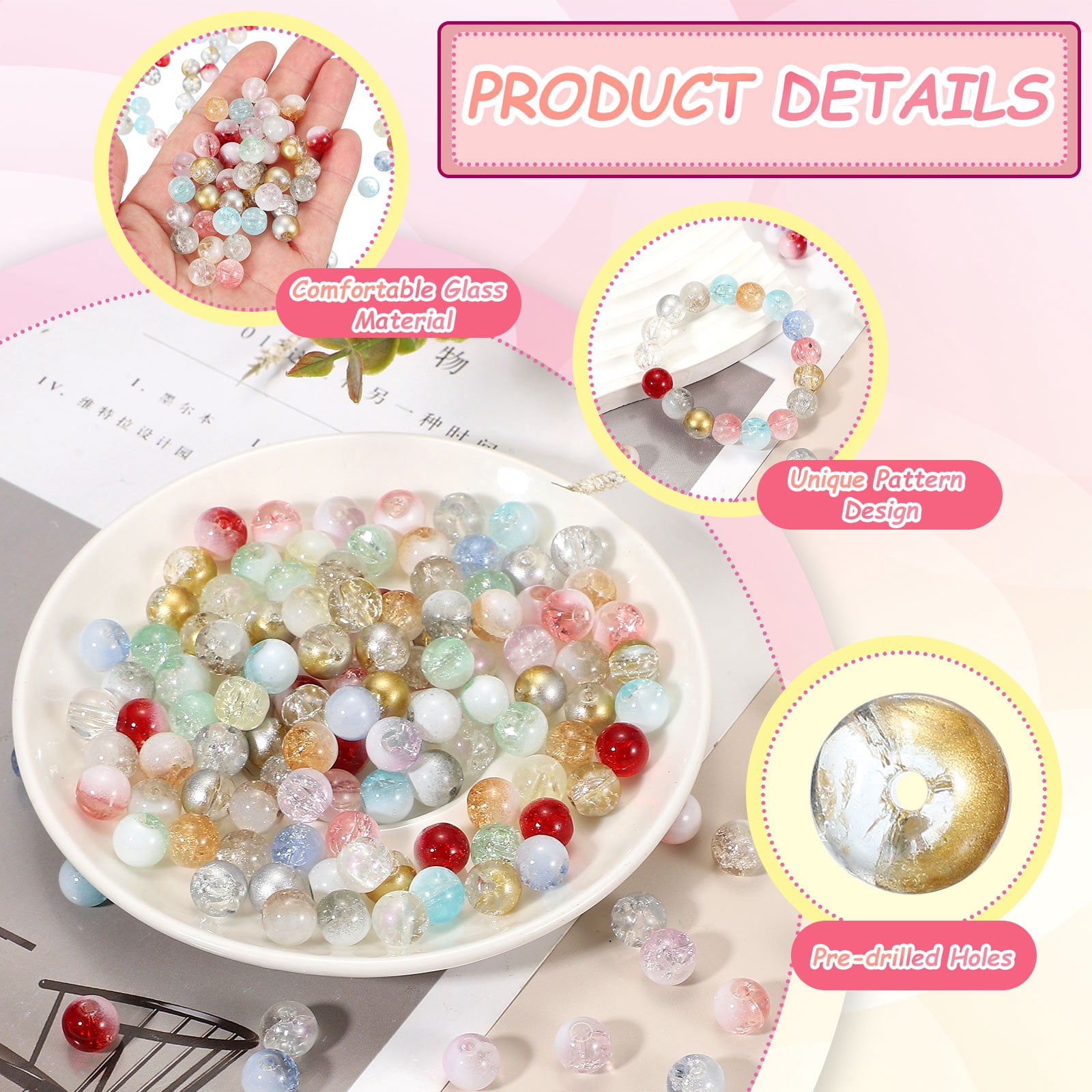 Uxcell 200 Pcs 10mm Crackle Glass Beads for Jewelry Making, Crystal Glass Round Spacer Beads Bulk Loose Beads for DIY Craft Earring Necklace Bracelet Jewelry, Gold