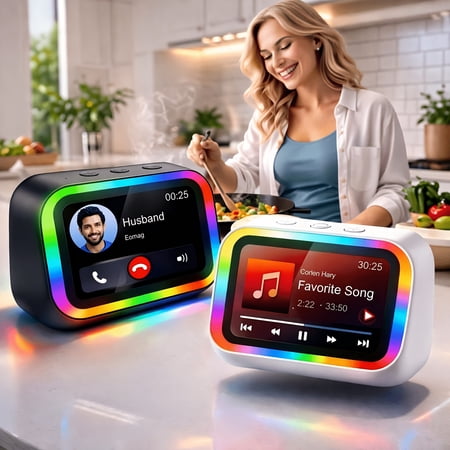 Multifunctional Bedside Smart Alarm Clock Speaker, HD Display Dynamic RGB Light, Hi‑Fi Stereo Sound, Voice Assistant, Call Function and Period Tracker, Portable Digital Nightstand Clock for Bedroom