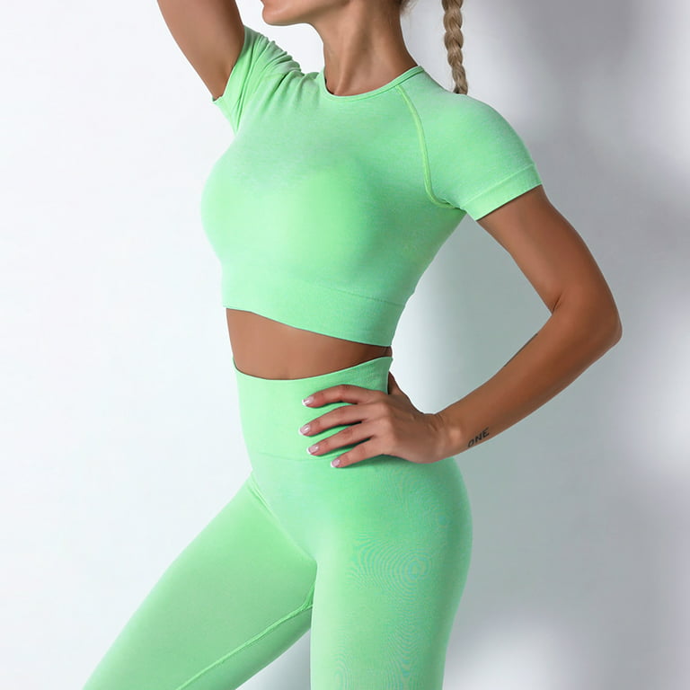 RQYYD Women's Workout Outfit 2 Pieces Seamless High Waist Yoga Leggings  with Long Sleeve Crewneck Crop Top Gym Clothes Set Green S 