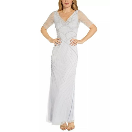 Adrianna Papell V-Neck Short Sleeve Beaded Zipper Back Mesh Dress-SERENITY / 0