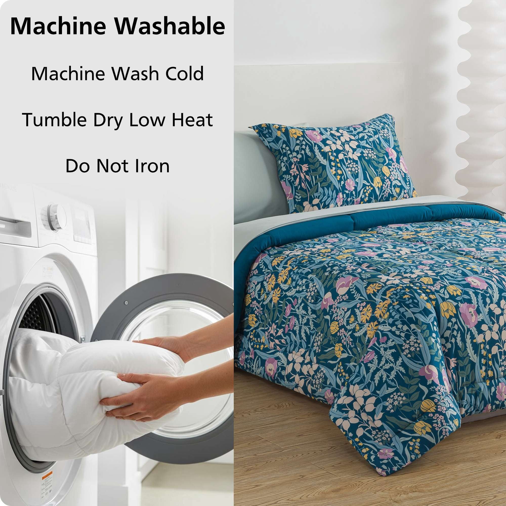 Mainstays All in One Reversible Comforter and Sheet Set, 5-Piece, Twin, Blue Floral