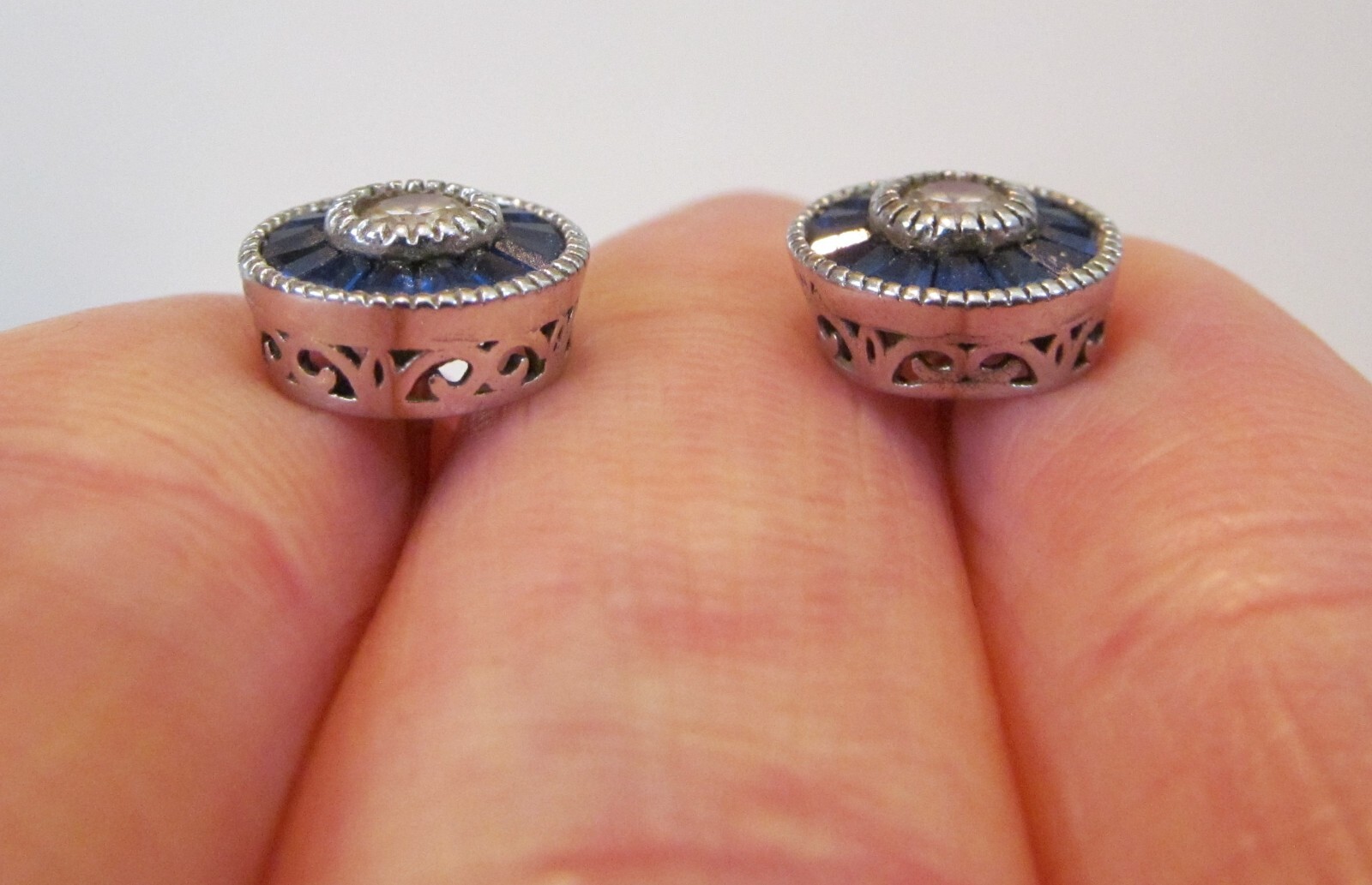 Sparkle Jewels Vintage Sterling Silver Clear Round Blue Cubic Zirconia Stud Earrings