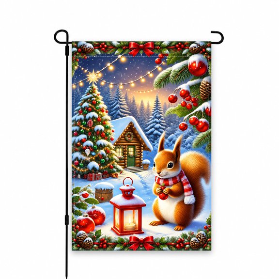 Festive Winter Scene Garden Flag 12x18 Inch – Squirrel with Scarf, Lantern, Christmas Tree & Cabin – Perfect for Holiday Outdoor Lawn, Porch or Patio Decor