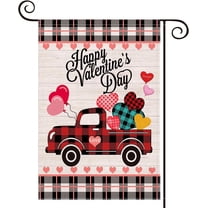 Rdsfhsp Happy Valentine's Day Garden Flag for Outside, 12x18 Inch Double Sided Linen, Black White Buffalo Plaid Truck with Love Heart, Valentine Day Yard Small Flag Decors for Outdoor Anniversary