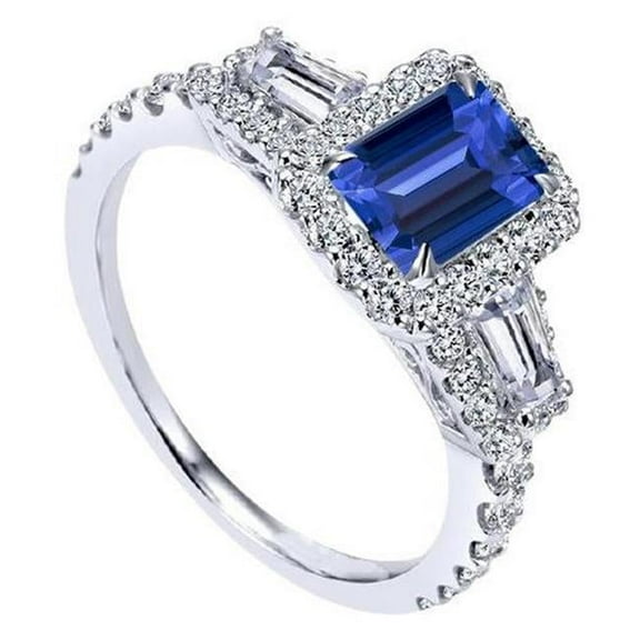 Harry Chad Enterprises 68017 3.50 CT Halo Emerald Blue Sapphire Baguette Diamonds Wedding Ring, Size 6.5
