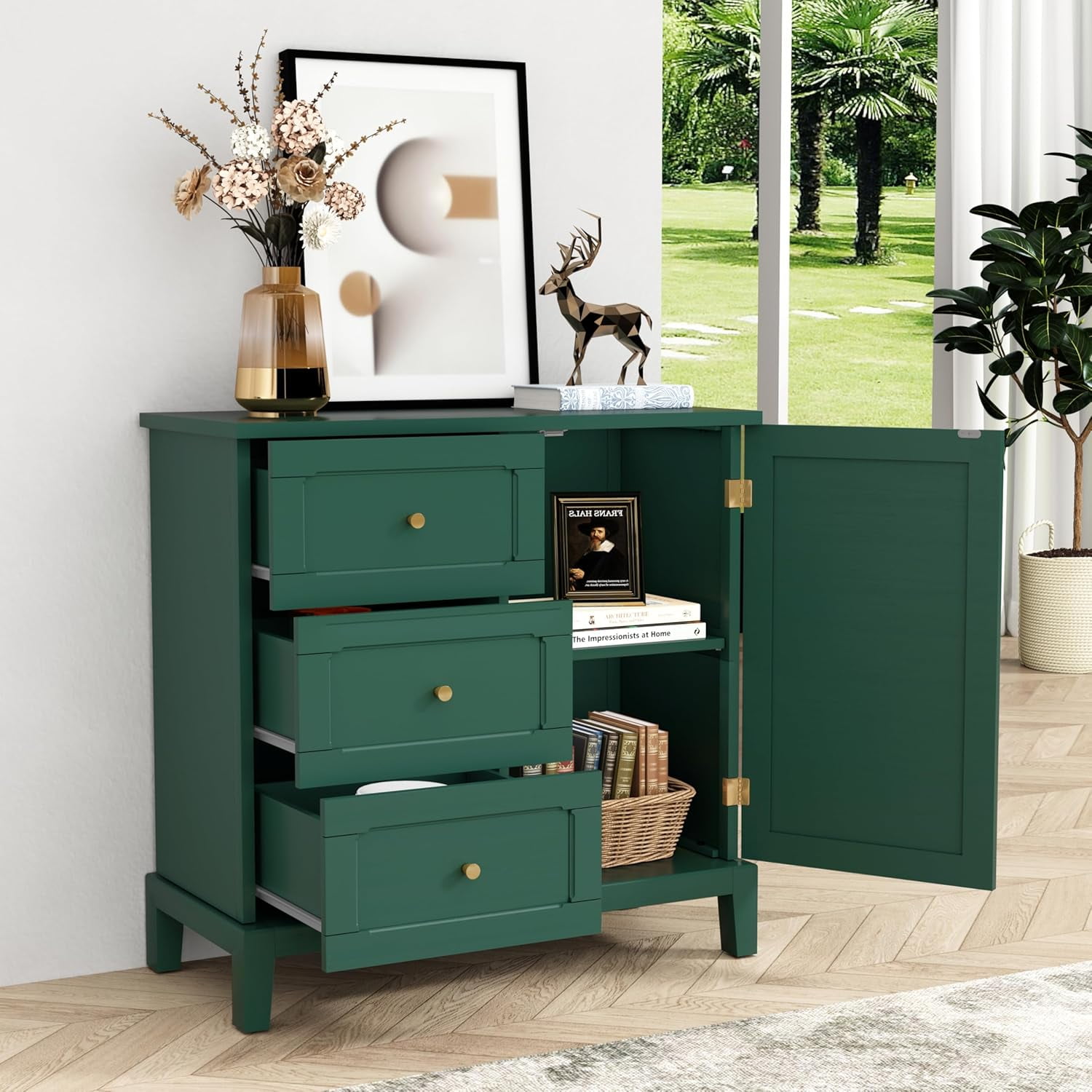 Eleanor American Design Storage Cabinet with Symmetrical Pattern, Dressers  with 3 Doors, 3 Drawers and Solid Wood Legs, Dark Green - Walmart.com